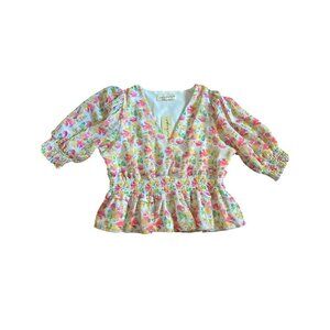 Wishingwaves Floral Print Smocked Waist Peplum Blouse L Lightweight V-Neck 3/4 S